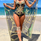 Darius - Push-up badedragt i ét stykke med dekorative kædedetaljer og strandnederdel