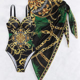 Darius - Push-up badedragt i ét stykke med dekorative kædedetaljer og strandnederdel