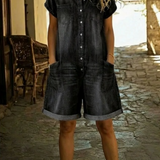 Elvora | Denim Playsuit med Krave og Korte Ærmer