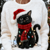 Kvinders Søde Jule Kat Kunstprint Casual Flannel Sweater